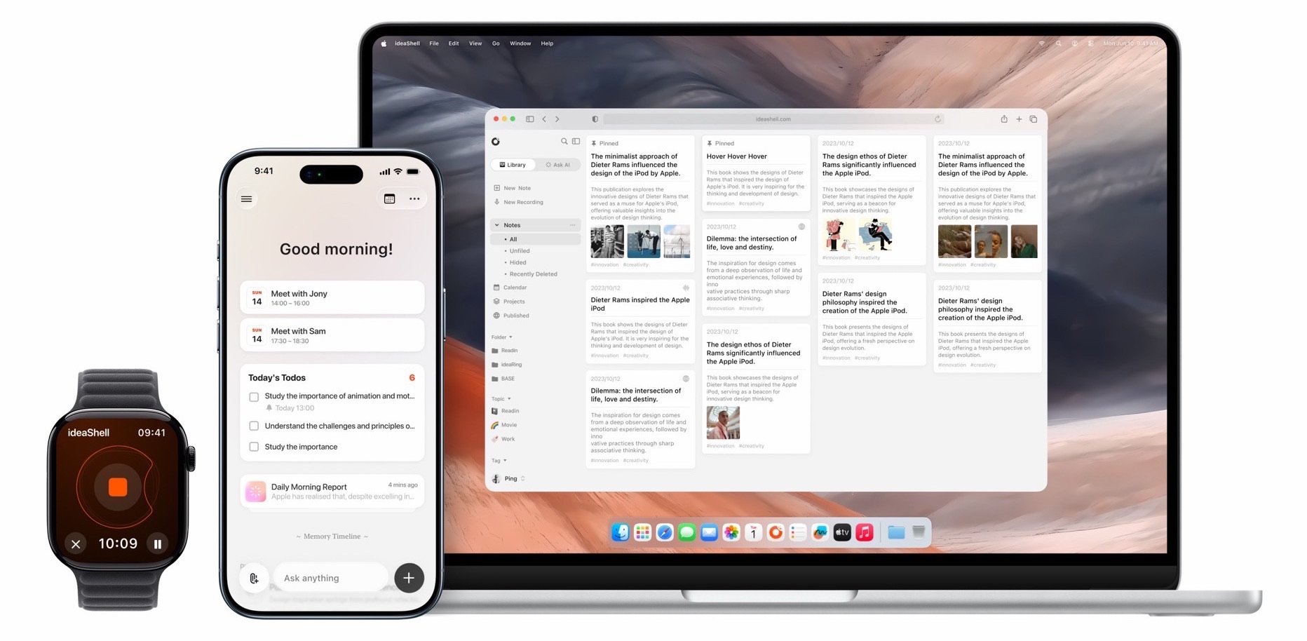 闪念贝壳在 Apple Watch、iPhone 与 Mac 上的界面